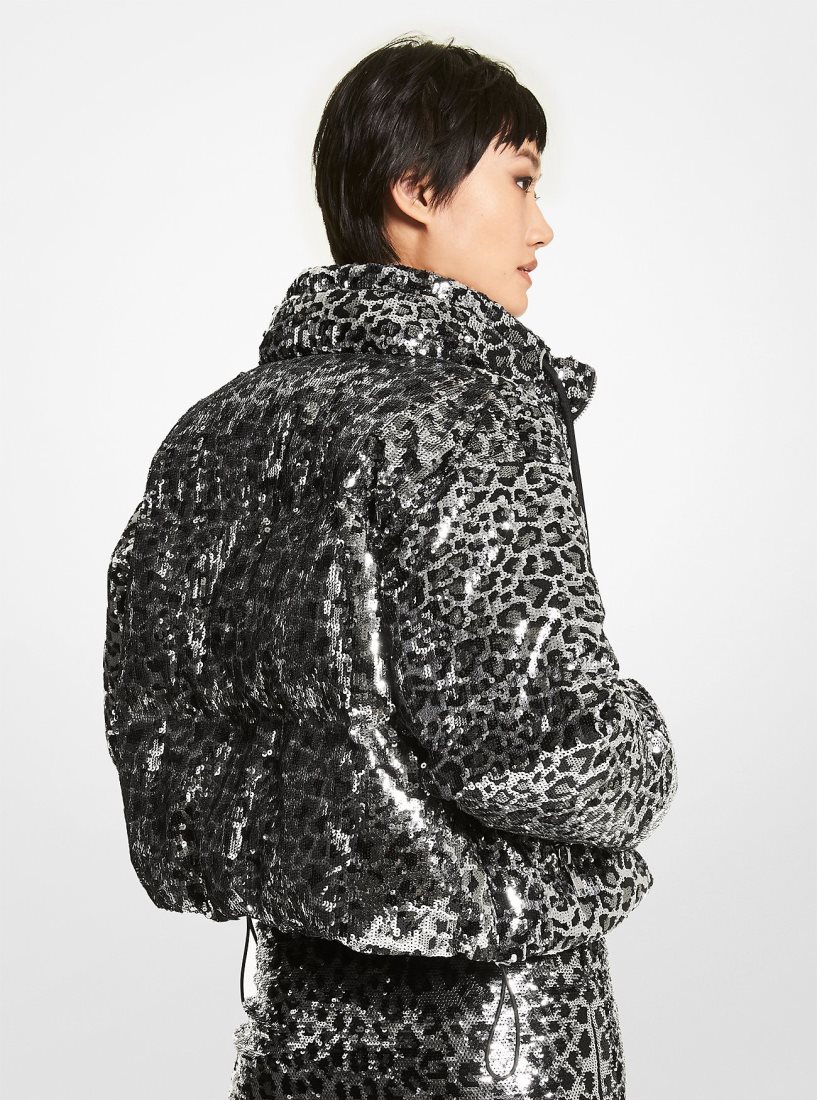 Michael Kors Leopard Sequined Cropped Puffer Jacket Jacken Damen Schwarz | HCGFAL407