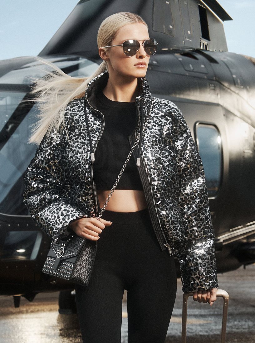 Michael Kors Leopard Sequined Cropped Puffer Jacket Jacken Damen Schwarz | HCGFAL407