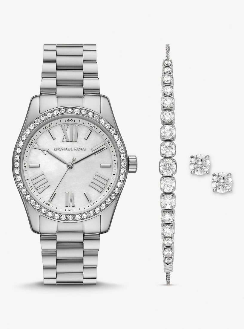 Michael Kors Lexington Pave Silver-Tone Watch and Bracelet Set Silver-tone Damen Silber | HKSFOM306