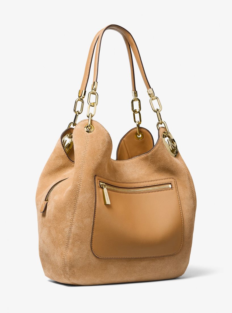 Michael Kors Lillie Large Suede Shoulder Bag Schultertasche Damen Pale Peanut | EGCJNU136