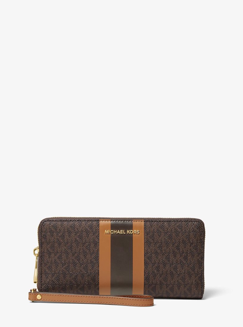 Michael Kors Logo Stripe Continental Wristlet Wristlet Damen Brn/Acorn | JEPNHI604