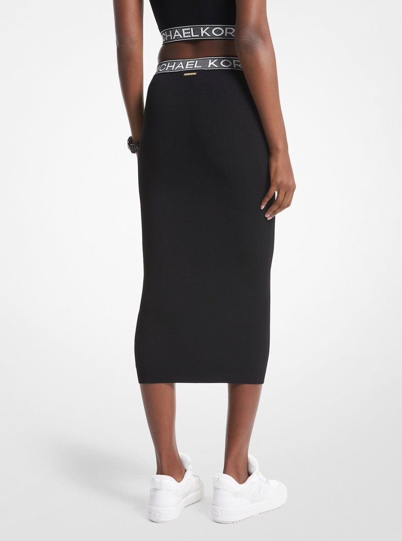 Michael Kors Logo Tape Stretch Viscose Midi Skirt Röcke Damen Schwarz | DGZJEH796