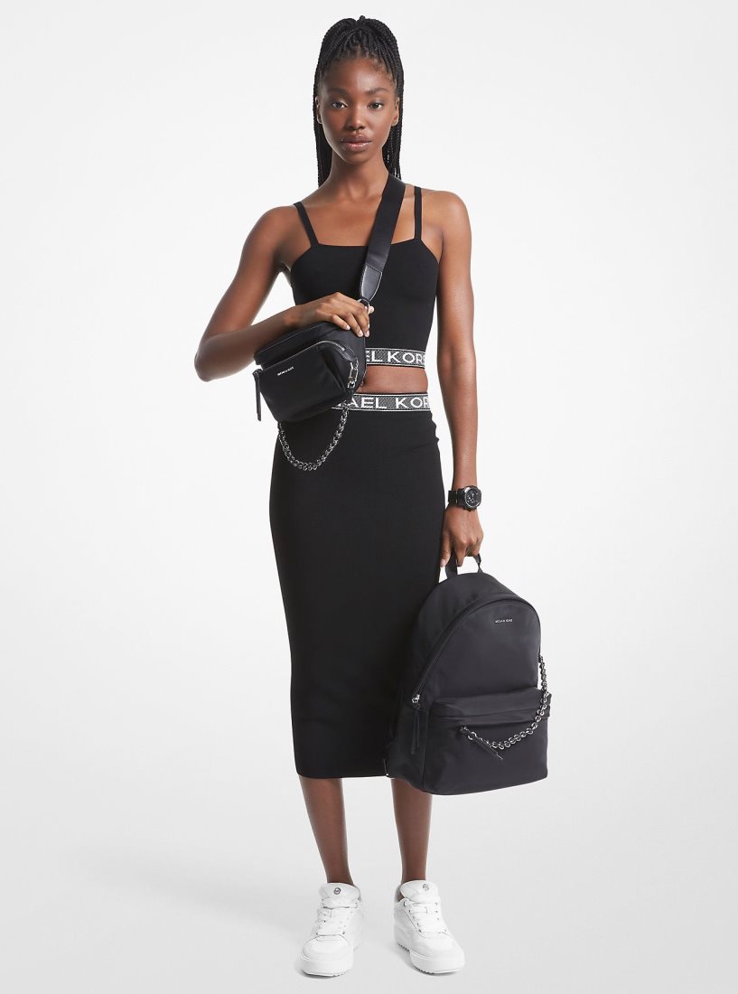 Michael Kors Logo Tape Stretch Viscose Midi Skirt Röcke Damen Schwarz | DGZJEH796