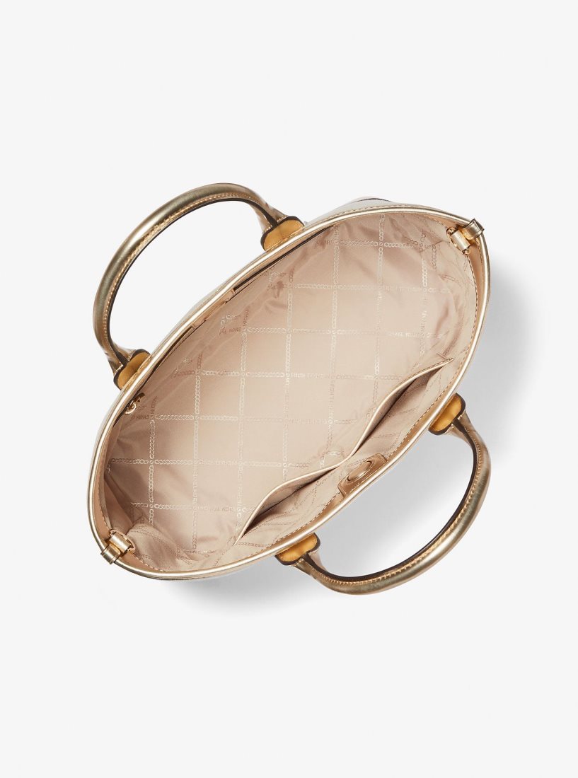 Michael Kors Luisa Medium Cotton Canvas and Metallic Satchel Satchel Tasche Damen Gold Beige | EHFULA597