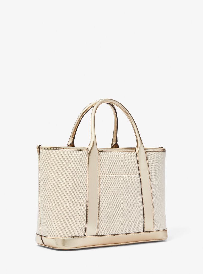 Michael Kors Luisa Medium Cotton Canvas and Metallic Satchel Satchel Tasche Damen Gold Beige | EHFULA597