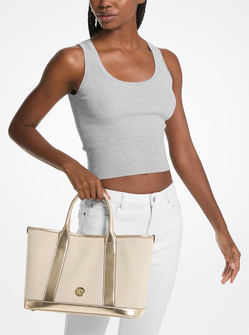 Michael Kors Luisa Medium Cotton Canvas and Metallic Satchel Satchel Tasche Damen Gold Beige | EHFULA597
