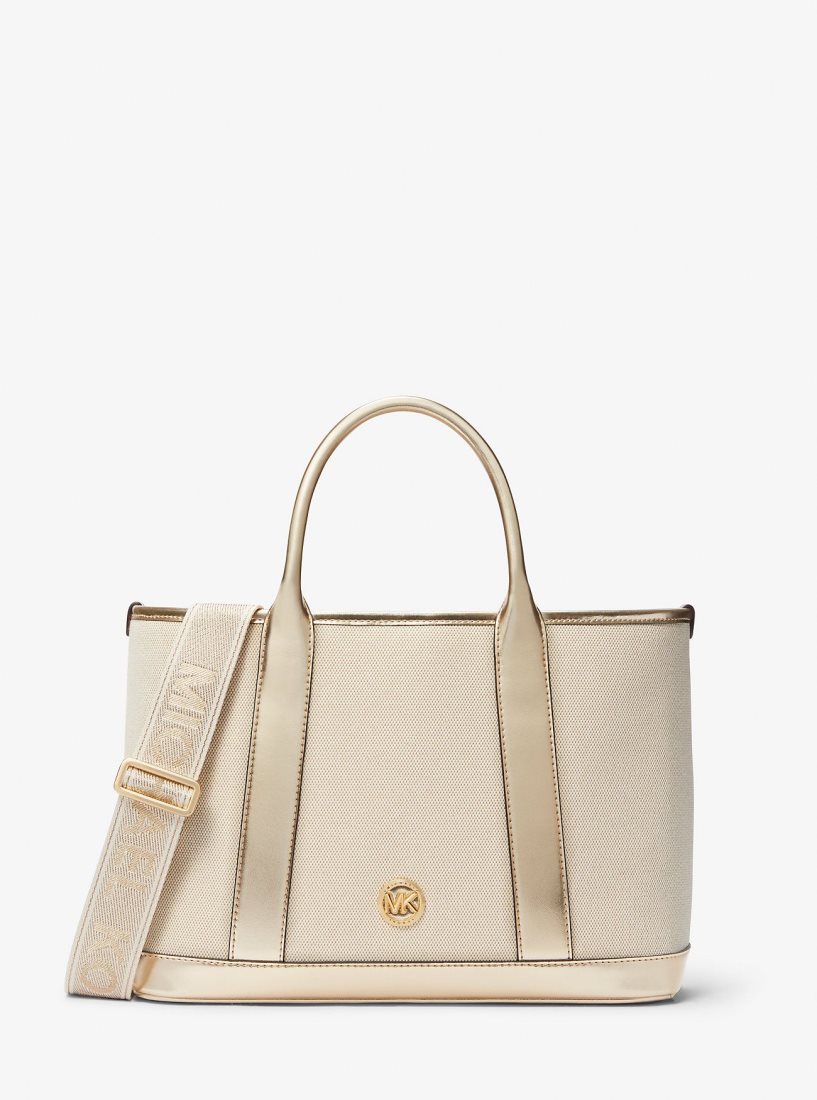 Michael Kors Luisa Medium Cotton Canvas and Metallic Satchel Satchel Tasche Damen Gold Beige | EHFULA597