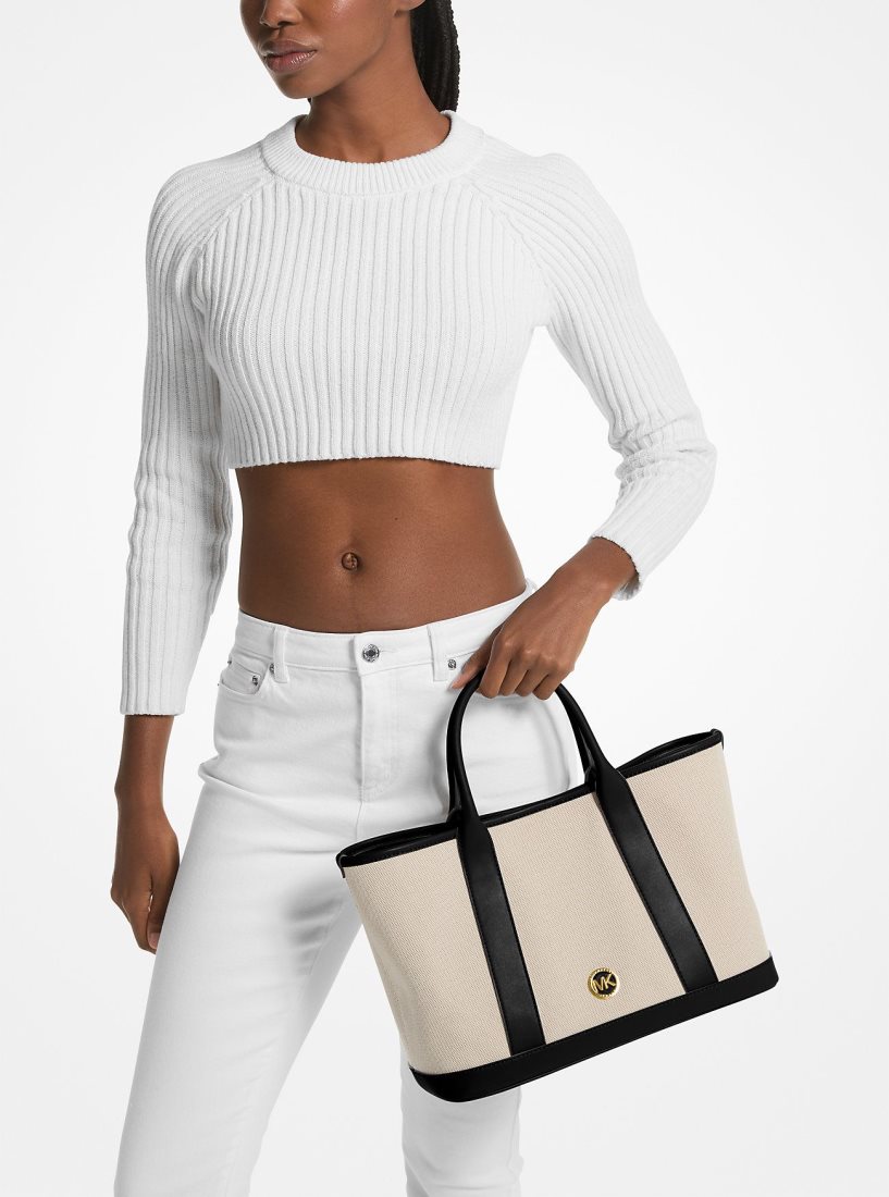 Michael Kors Luisa Medium Cotton Canvas Satchel Satchel Tasche Damen Beige Schwarz | LEYHBQ290