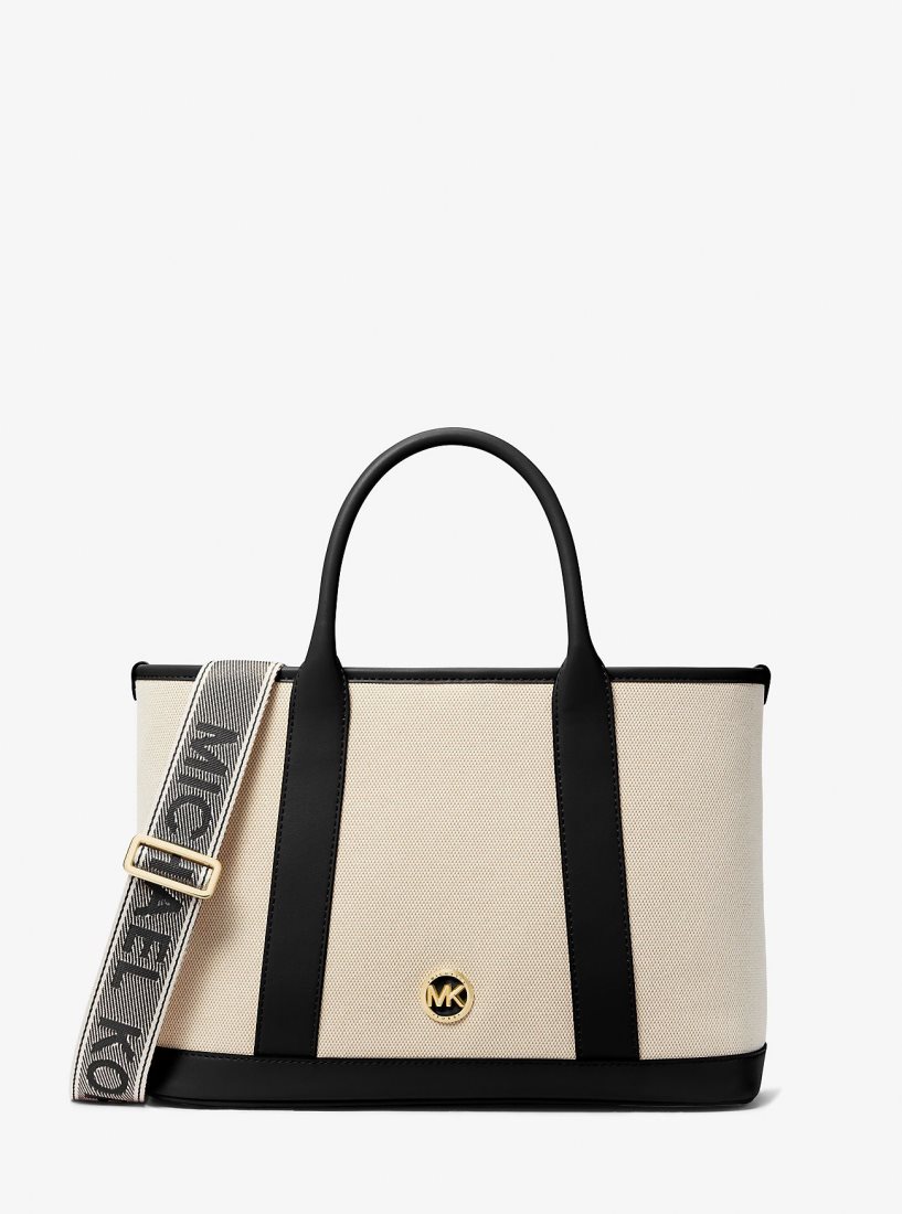Michael Kors Luisa Medium Cotton Canvas Satchel Satchel Tasche Damen Beige Schwarz | LEYHBQ290