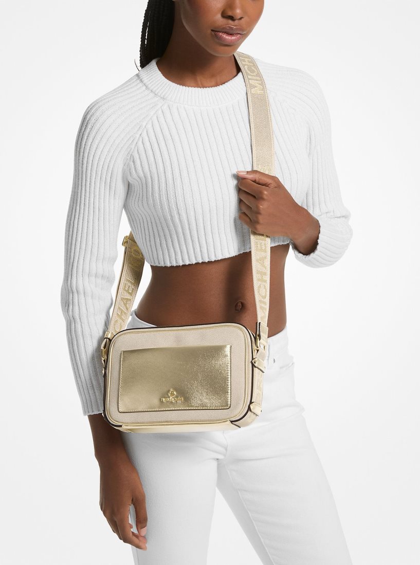 Michael Kors Maeve Large Canvas and Metallic Crossbody Bag Umhängetasche Damen Gold Beige | IBJMSC914