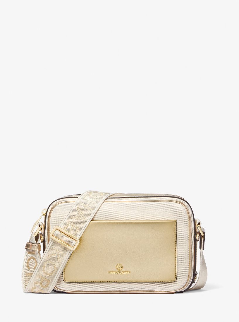 Michael Kors Maeve Large Canvas and Metallic Crossbody Bag Umhängetasche Damen Gold Beige | IBJMSC914
