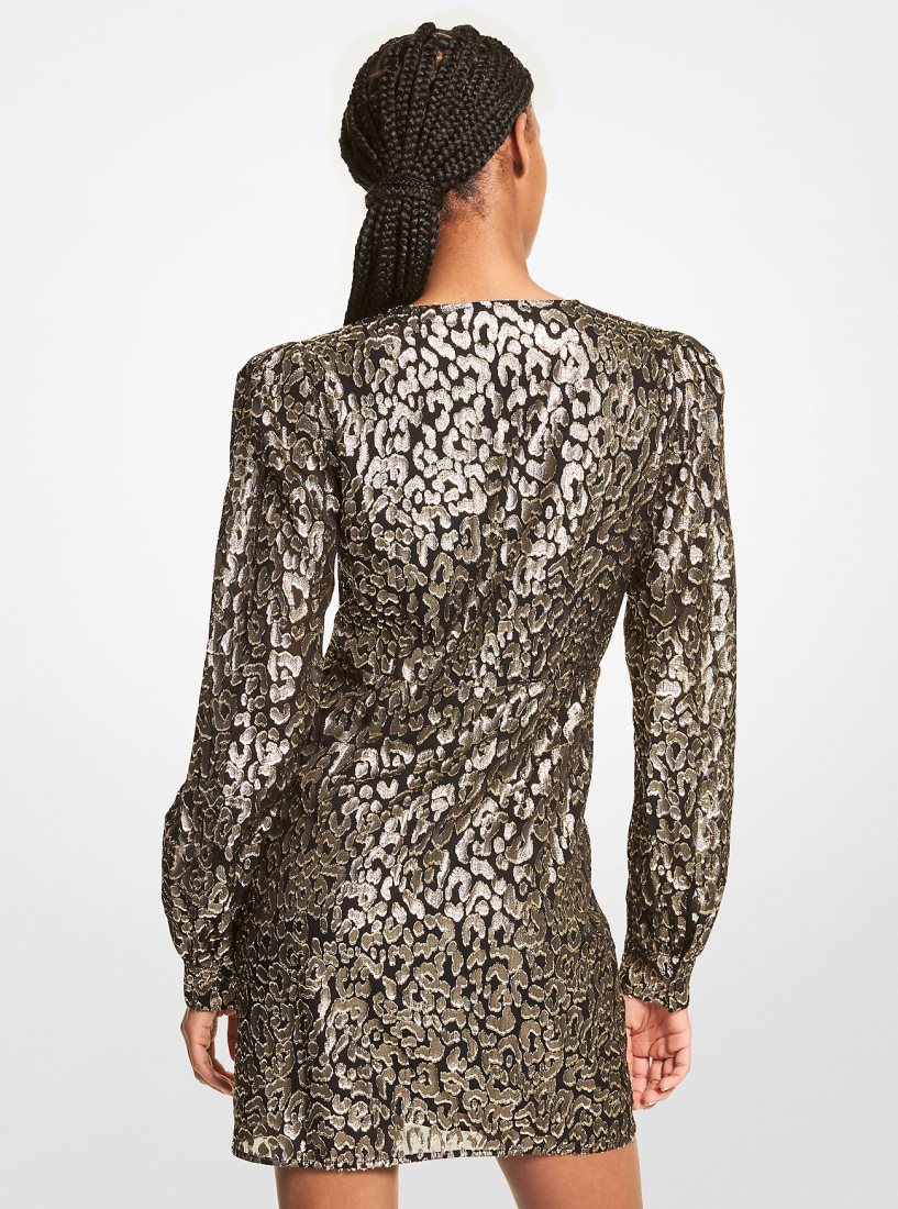 Michael Kors Metallic Leopard Clip Jacquard Dress Kleid Damen Schwarz Gold | EHURDW985