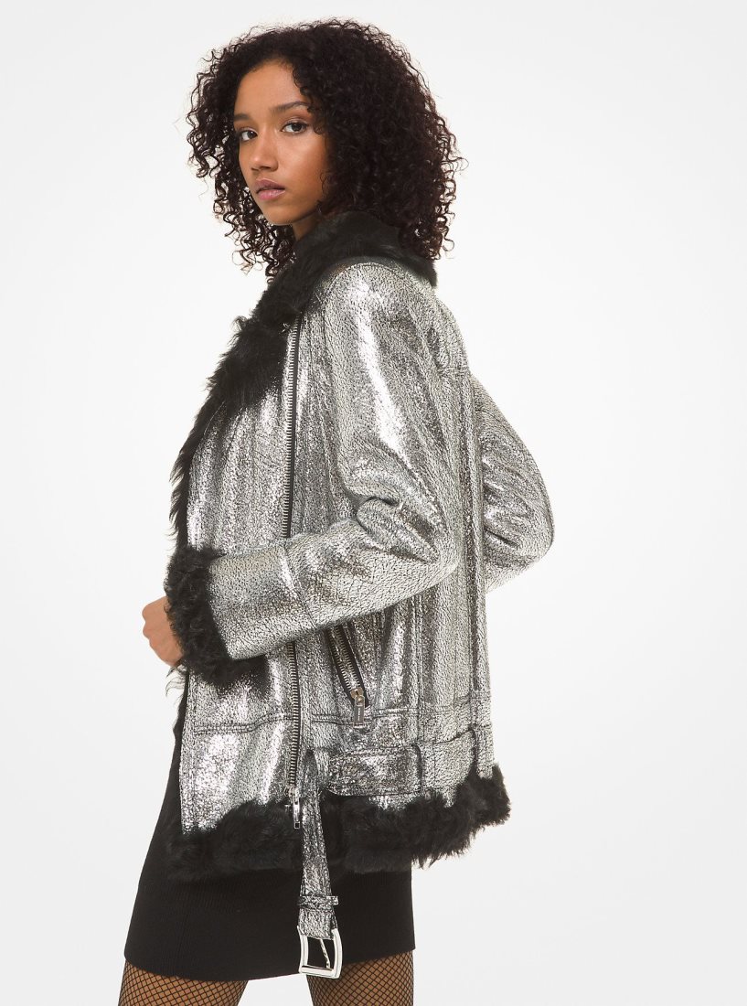 Michael Kors Metallic Shearling Coat Jacken Damen Schwarz Silber | REIQOY753