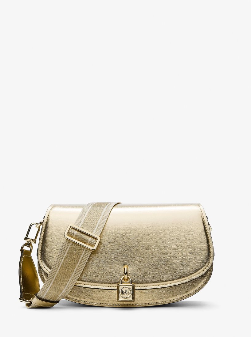Michael Kors Mila Medium Metallic Leather Messenger Bag Umhängetasche Damen Gold | SRGBNV128