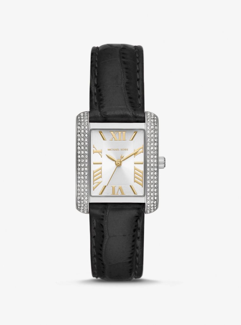 Michael Kors Mini Emery Pave Silver-Tone and Crocodile Embossed Leather Watch Silver-tone Damen Schwarz | VXUEGT589