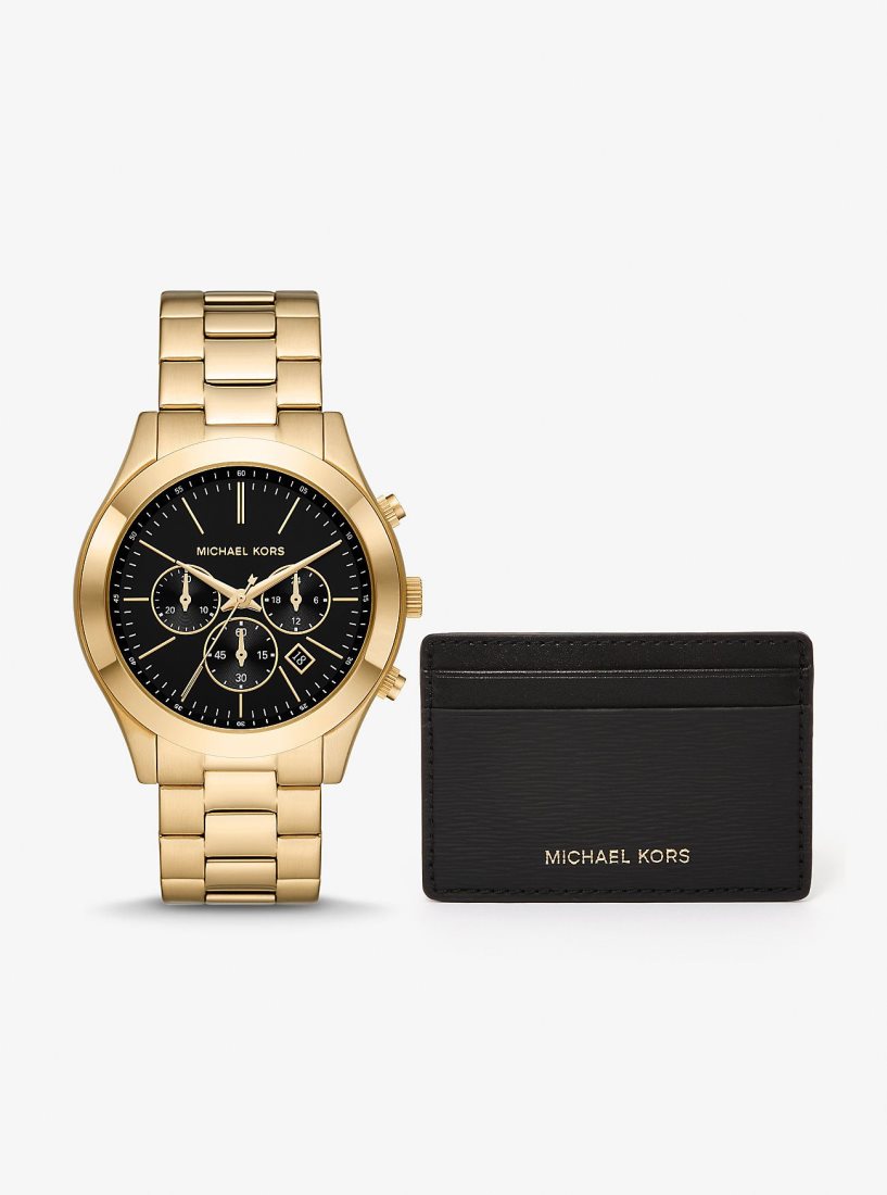 Michael Kors Oversized Slim Runway Watch and Card Case Gift Set Kartenhülle Damen Schwarz Gold | CSXVLA426