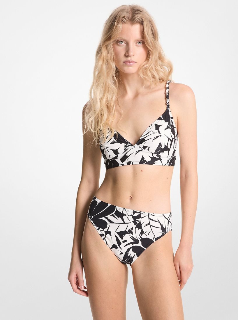Michael Kors Palm Print Bralette Bikini Top Bademode Damen Schwarz Weiß | HTZPOD928