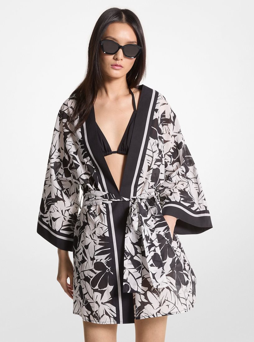 Michael Kors Palm Print Cotton Cover-Up Bademode Damen Schwarz Weiß | HBWZRP759