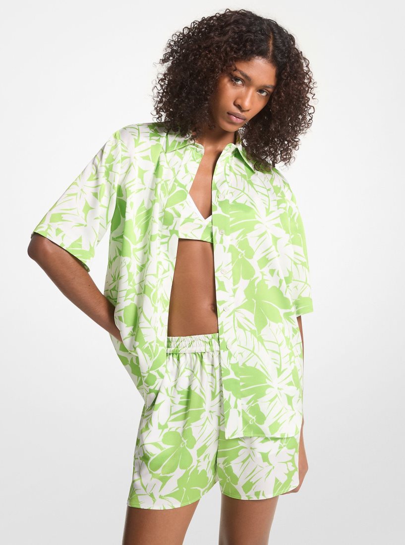 Michael Kors Palm Print Satin Cabana Shirt Oberteile Damen Grün | YGAJTN543