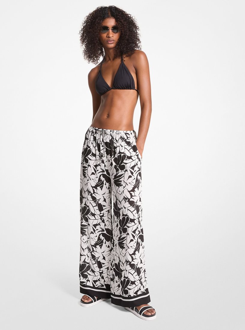 Michael Kors Palm Print Woven Wide-Leg Pants Bademode Damen Schwarz Weiß | CMKVHQ321