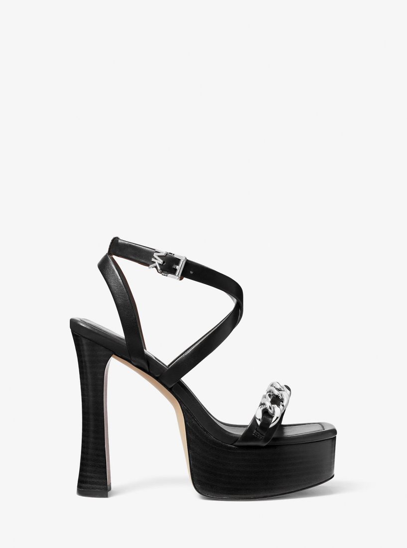 Michael Kors Paola Chain Embellished Leather Platform Sandal Sandalen Damen Schwarz | TFSPBQ419