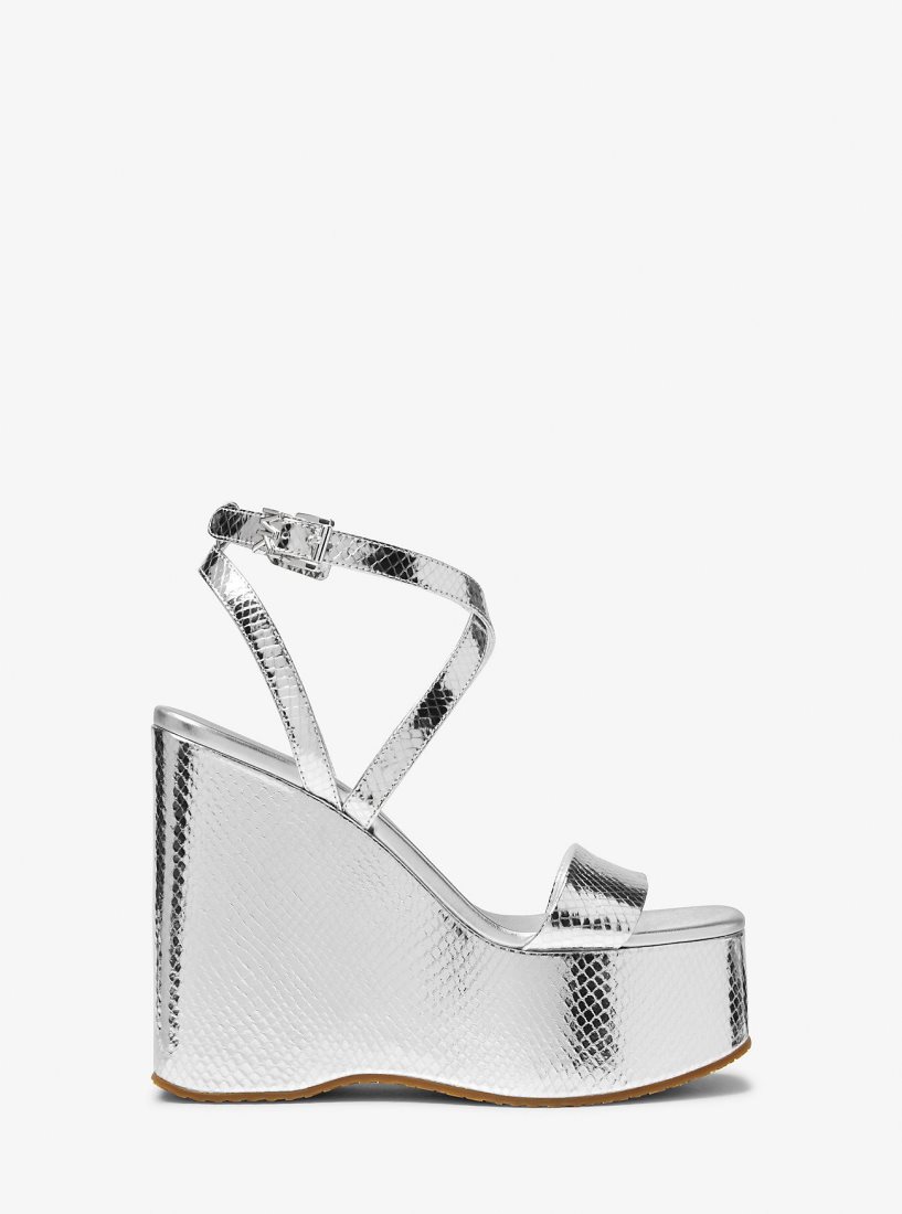 Michael Kors Paola Metallic Snake Embossed Leather Wedge Sandal Keilabsatz Damen Silber | HAJUZB819