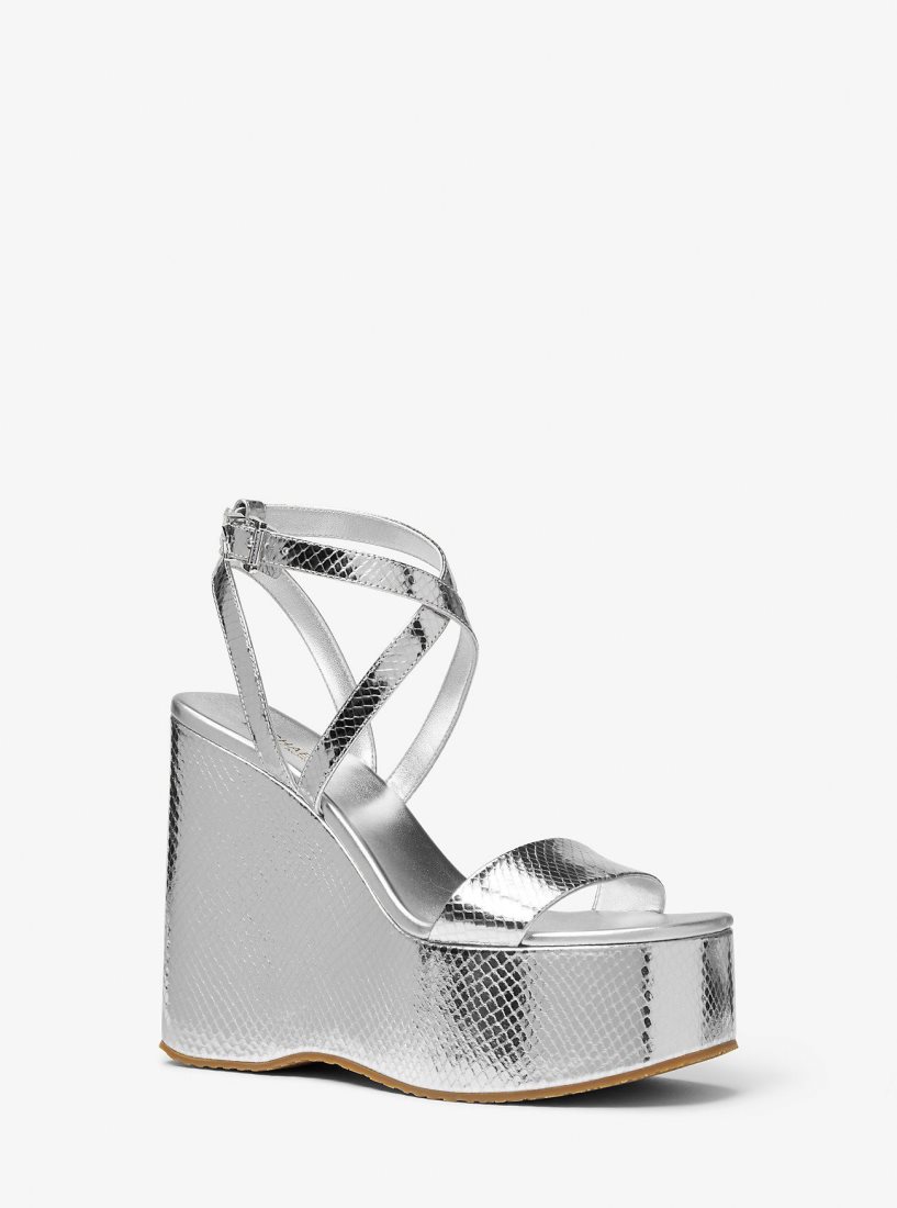Michael Kors Paola Metallic Snake Embossed Leather Wedge Sandal Keilabsatz Damen Silber | HAJUZB819