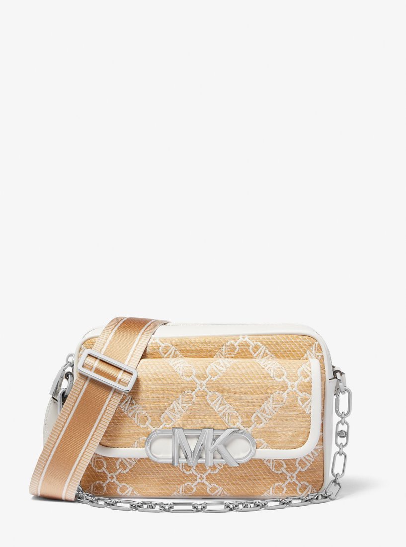 Michael Kors Parker Medium Empire Logo Jacquard Straw Crossbody Bag Umhängetasche Damen Nat/Opticwht | UHZJDY756