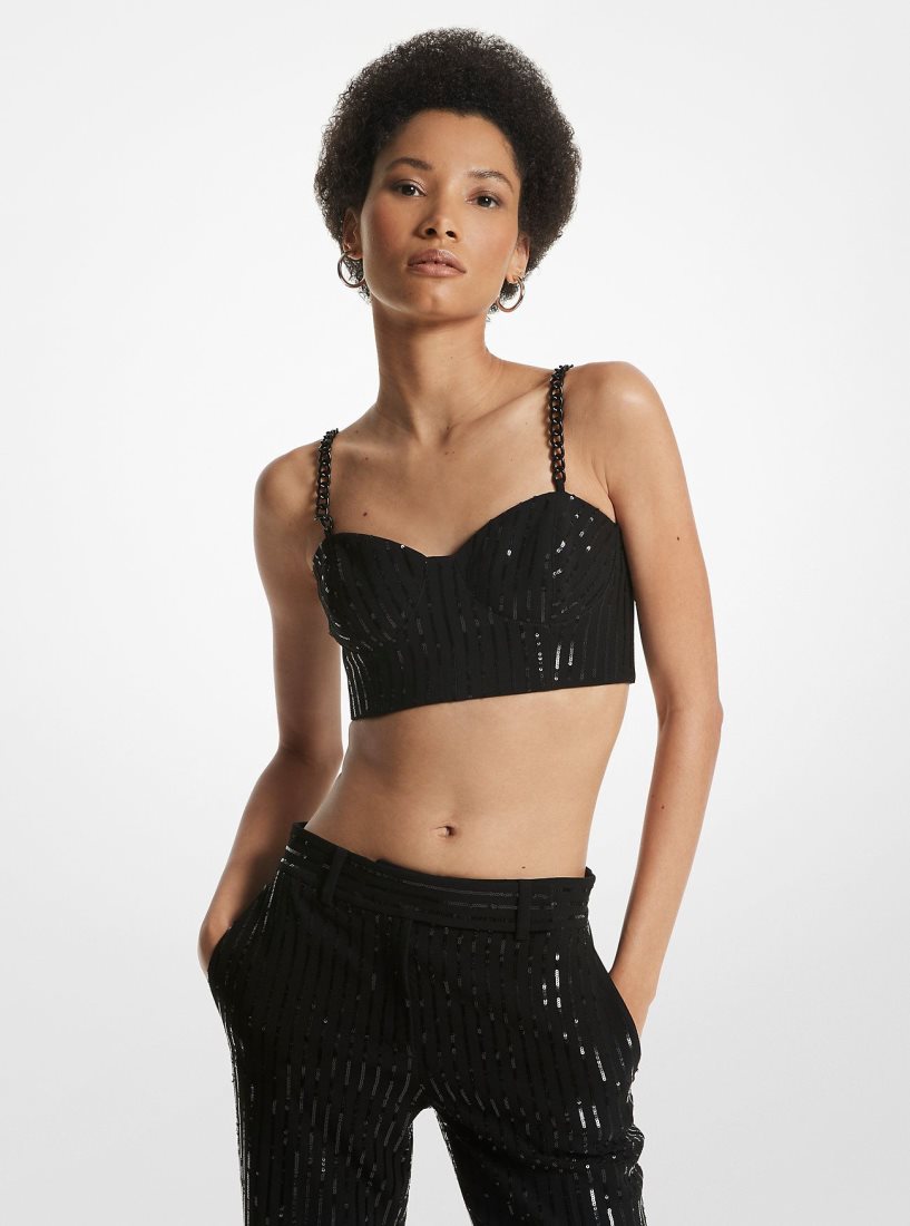 Michael Kors Pinstripe Sequined Crepe Bustier Top Oberteile Damen Schwarz | TUHPSN962