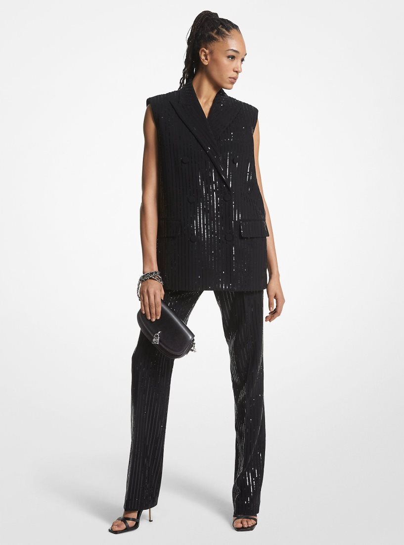 Michael Kors Pinstripe Sequined Crepe Sleeveless Blazer Jacken Damen Schwarz | UKICPA518