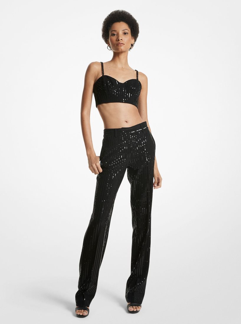Michael Kors Pinstripe Sequined Crepe Straight-Leg Pants Hose Damen Schwarz | PKSQRW187