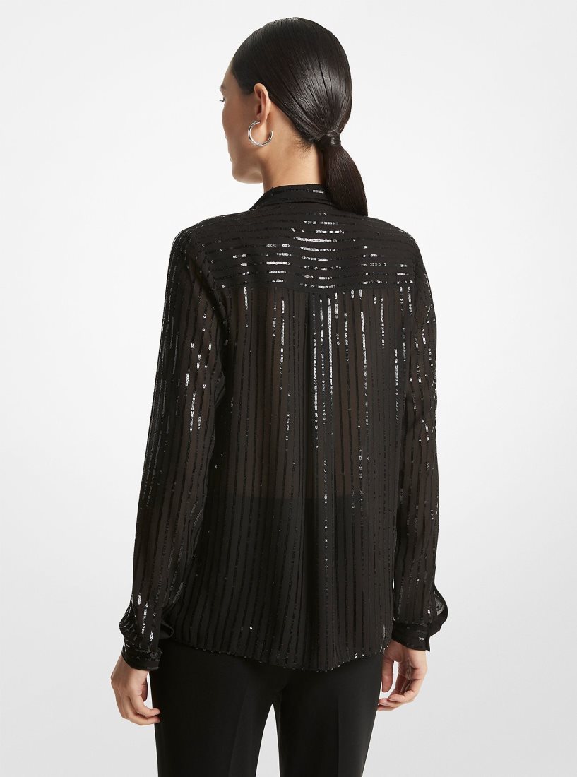 Michael Kors Pinstripe Sequined Georgette Tie-Neck Blouse Oberteile Damen Schwarz | SROKAI841