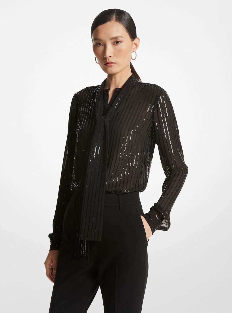 Michael Kors Pinstripe Sequined Georgette Tie-Neck Blouse Oberteile Damen Schwarz | SROKAI841