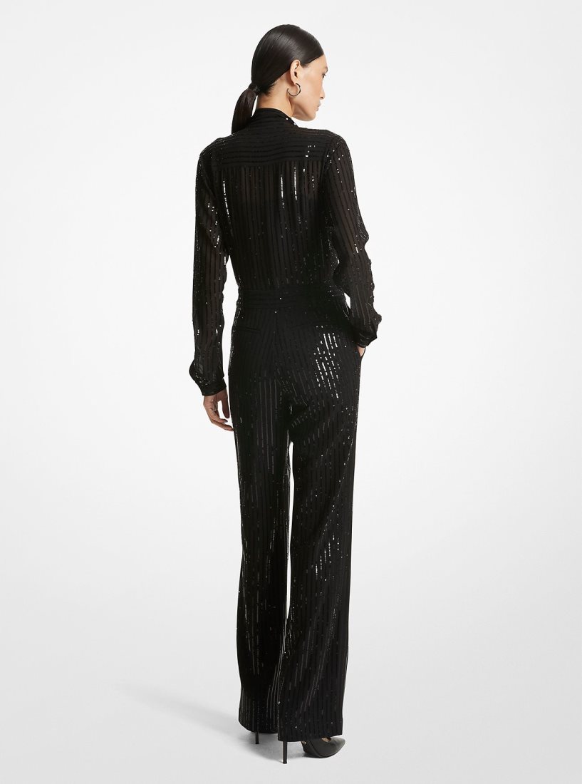 Michael Kors Pinstripe Sequined Georgette Jumpsuit Kleid Damen Schwarz | KNIRUG407