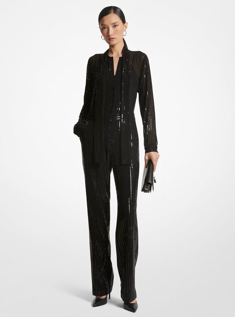 Michael Kors Pinstripe Sequined Georgette Jumpsuit Kleid Damen Schwarz | KNIRUG407