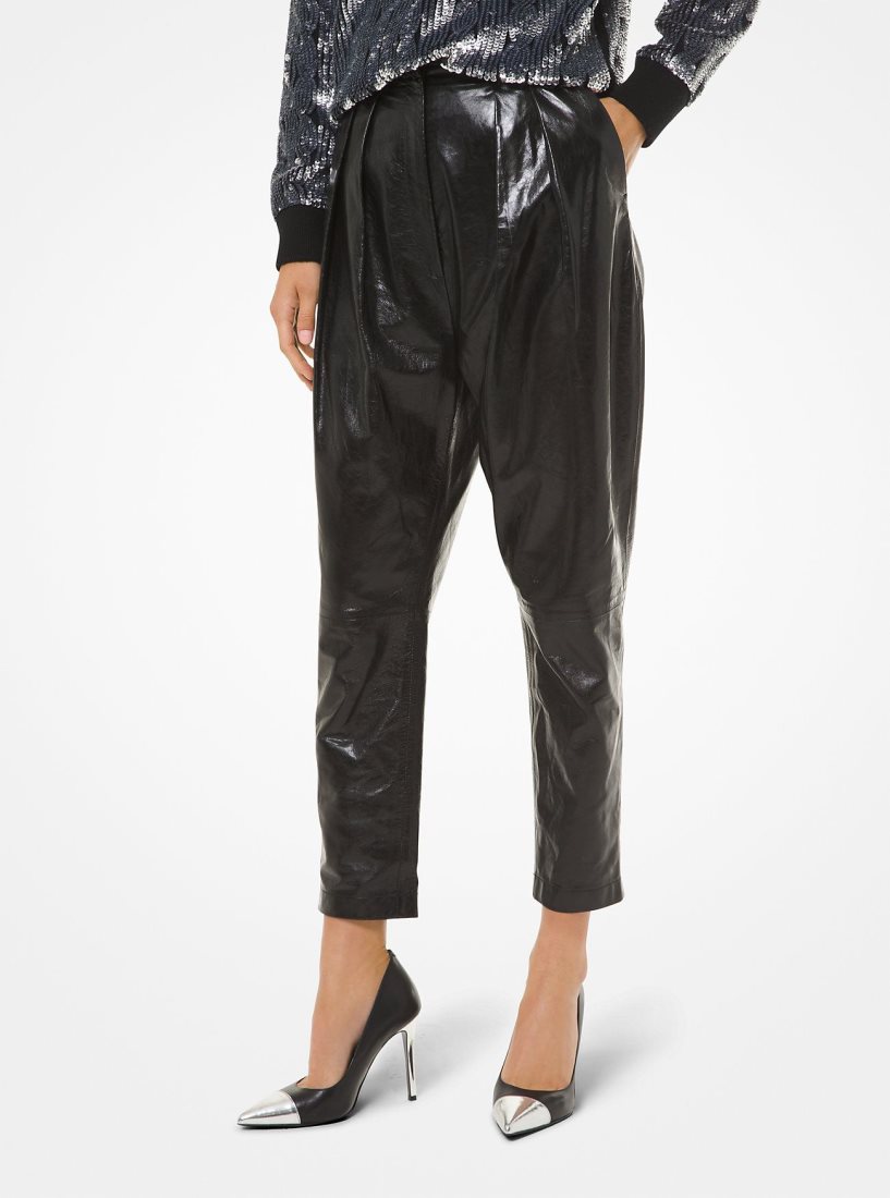 Michael Kors Pleated Leather Pants Hose Damen Schwarz | NMOHJU148