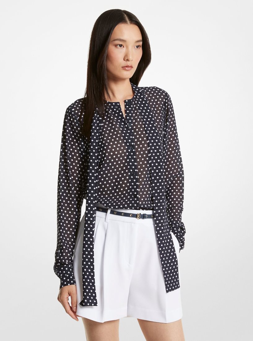 Michael Kors Polka Dot Georgette Tie-Neck Blouse Oberteile Damen Midnightblue | LQYEBA971