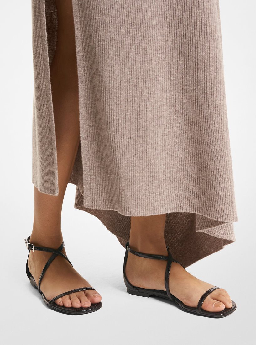 Michael Kors Polly Crocodile Embossed Leather Sandal Flache Schuhe Damen Schokolade | CGKEWU647