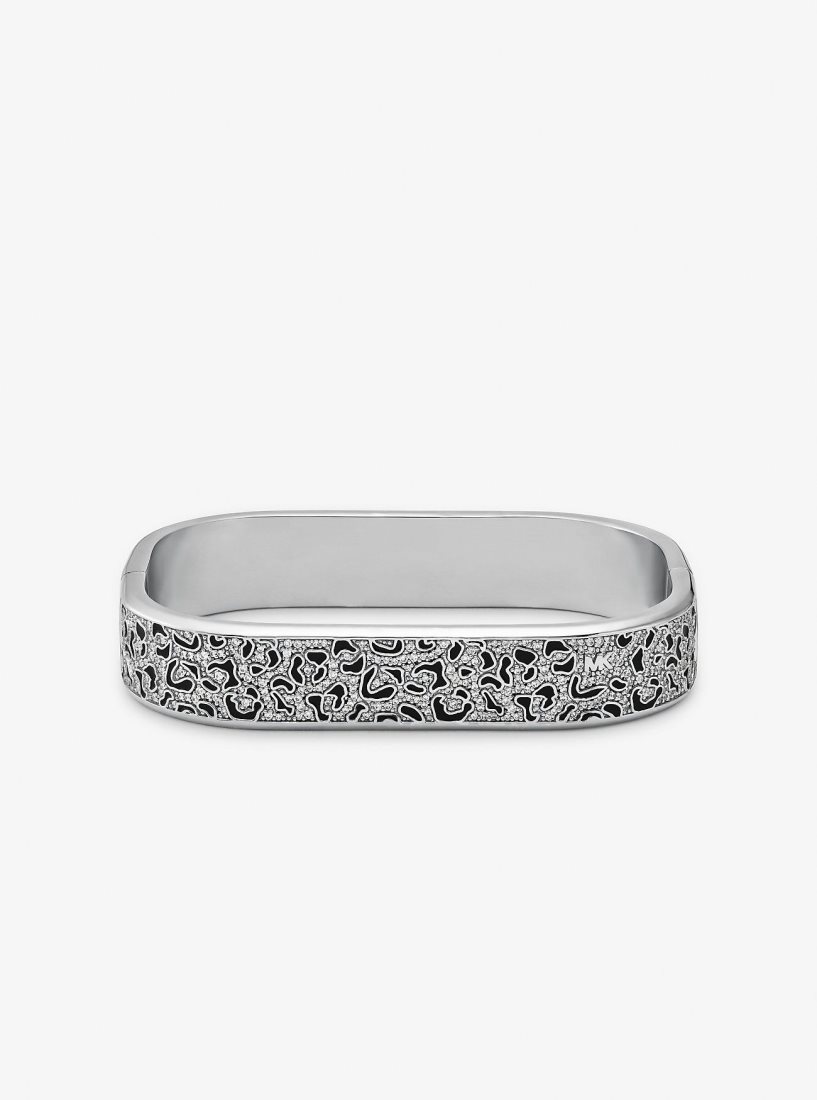Michael Kors Precious Metal-Plated Brass and Enamel Leopard Pave Bangle Armbänder Damen Silber | RVJCPS029