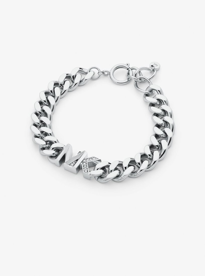 Michael Kors Precious Metal-Plated Brass Pave Logo Curb Link Bracelet Armbänder Damen Silber | UYVRKM270