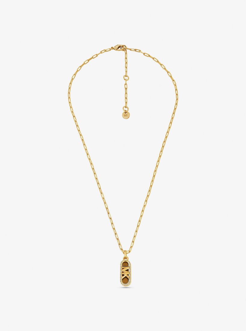 Michael Kors Precious Metal-Plated Brass and Acetate Pave Empire Logo Necklace Ketten Damen Gold | CWYQON567