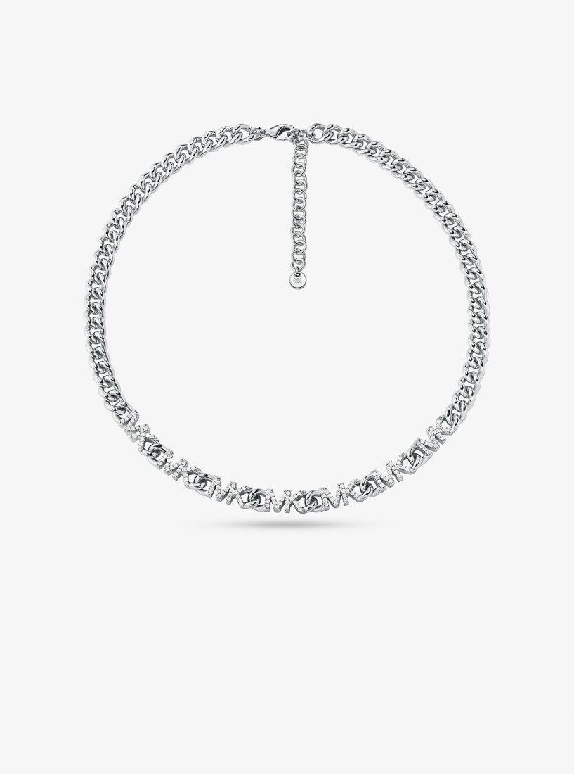 Michael Kors Precious Metal-Plated Brass Pave Logo Chain Necklace Ketten Damen Silber | EKPNGU706