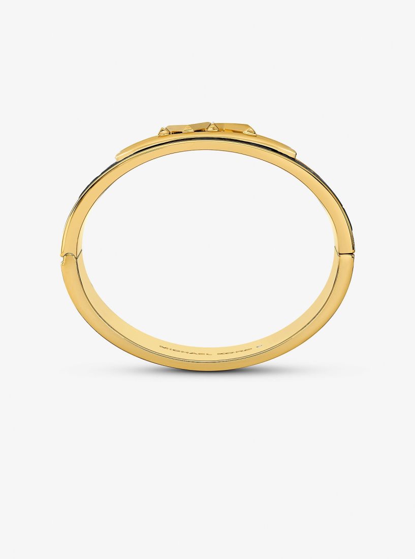 Michael Kors Precious Metal-Plated Brass and Crocodile Embossed Empire Logo Bangle Armbänder Damen Schwarz | EZJROL736