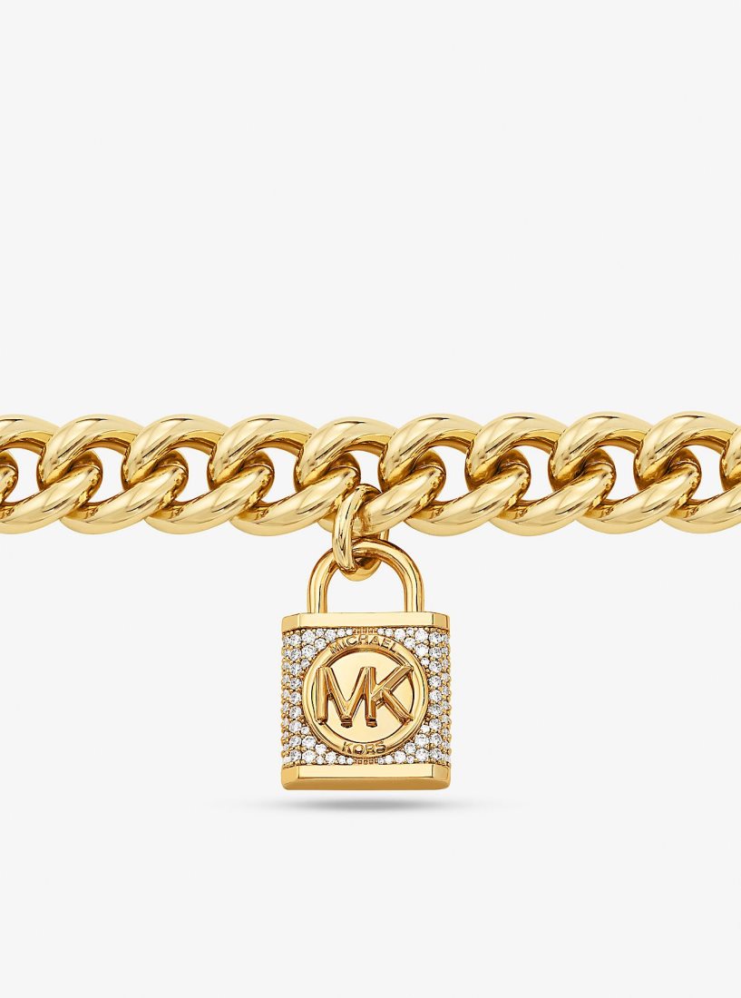 Michael Kors Precious Metal-Plated Brass Pave Lock Curb Link Necklace Ketten Damen Gold | FASUWX031