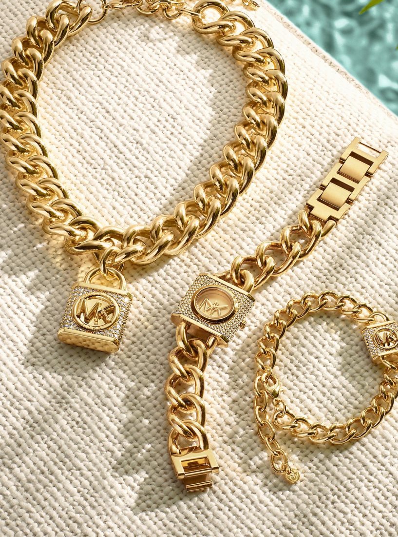 Michael Kors Precious Metal-Plated Brass Pave Lock Curb Link Necklace Ketten Damen Gold | FASUWX031