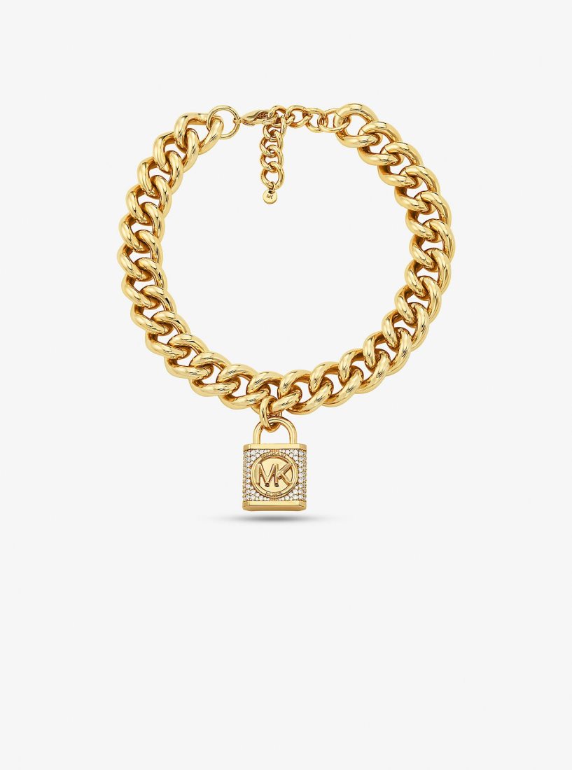 Michael Kors Precious Metal-Plated Brass Pave Lock Curb Link Necklace Ketten Damen Gold | FASUWX031