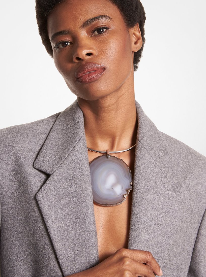 Michael Kors Precious Metal-Plated Brass and Agate Collar Necklace Ketten Damen Silber Grau | IEBWJH013