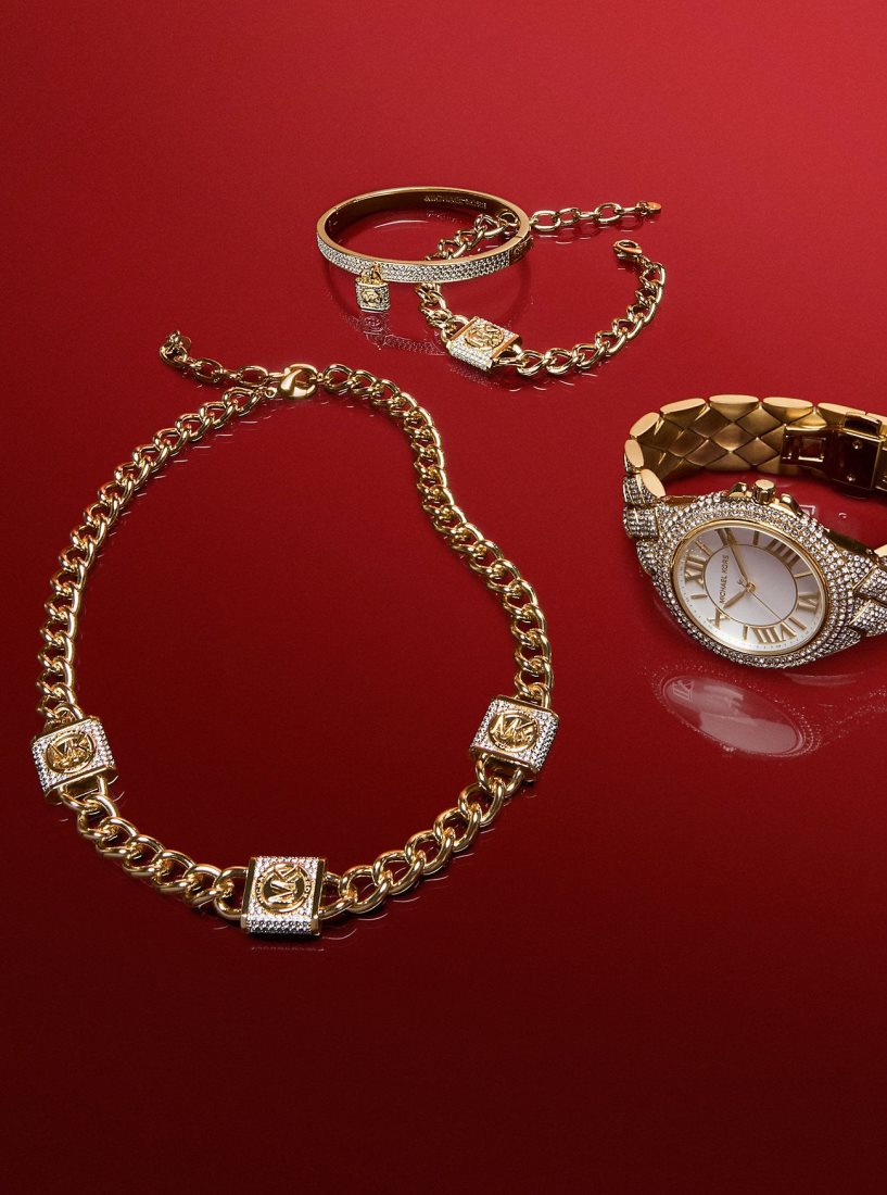 Michael Kors Precious Metal-Plated Brass Pave Lock Trio Necklace Ketten Damen Gold | IWLVJY689