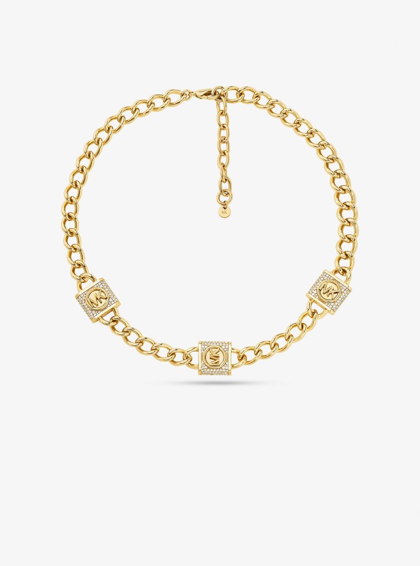 Michael Kors Precious Metal-Plated Brass Pave Lock Trio Necklace Ketten Damen Gold | IWLVJY689