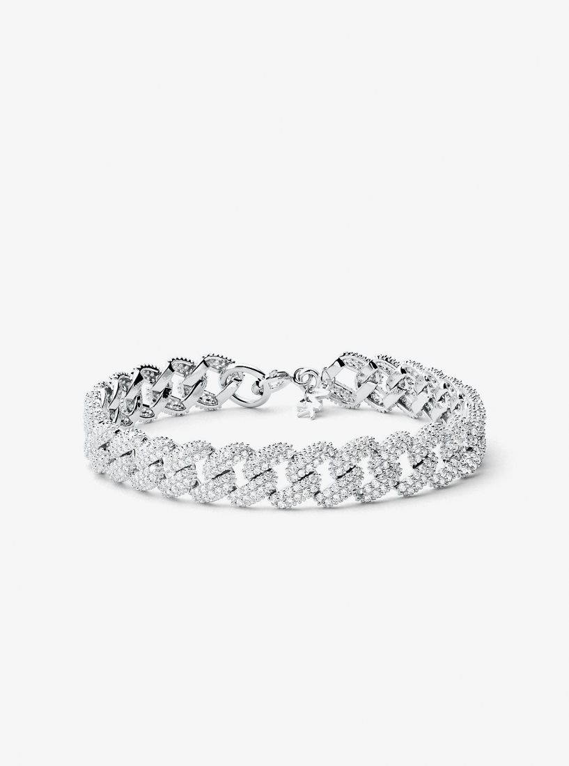 Michael Kors Precious Metal-Plated Sterling Silver Pave Curb Link Bracelet Armbänder Damen Silber | NACZIG631